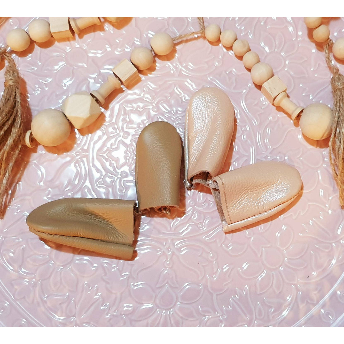 Leather Needle Felting Finger Guards - metallic pink and brown - Punch Needle Supplies NZ